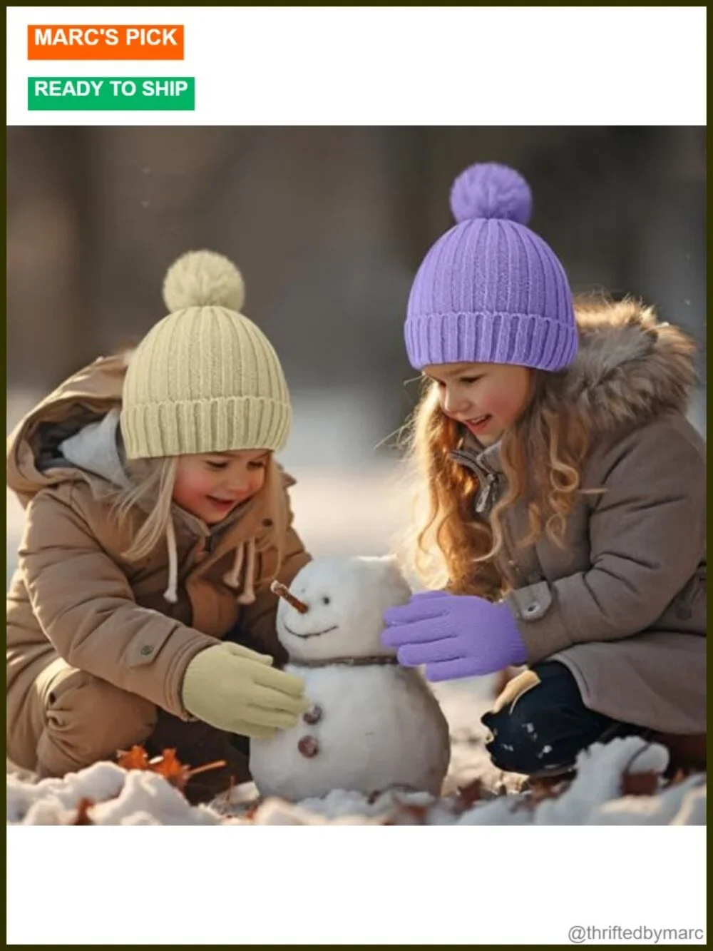 Kids Winter Hat and Gloves Set Knit Beanie with Pompom Full Fingers Unisex Ski